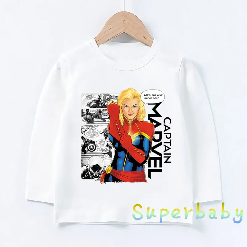 Детская футболка с принтом «мстители», «супергерой», «Капитан Марвел» Забавные топы с рисунками для маленьких мальчиков и девочек, детская футболка с длинными рукавами LKP5232