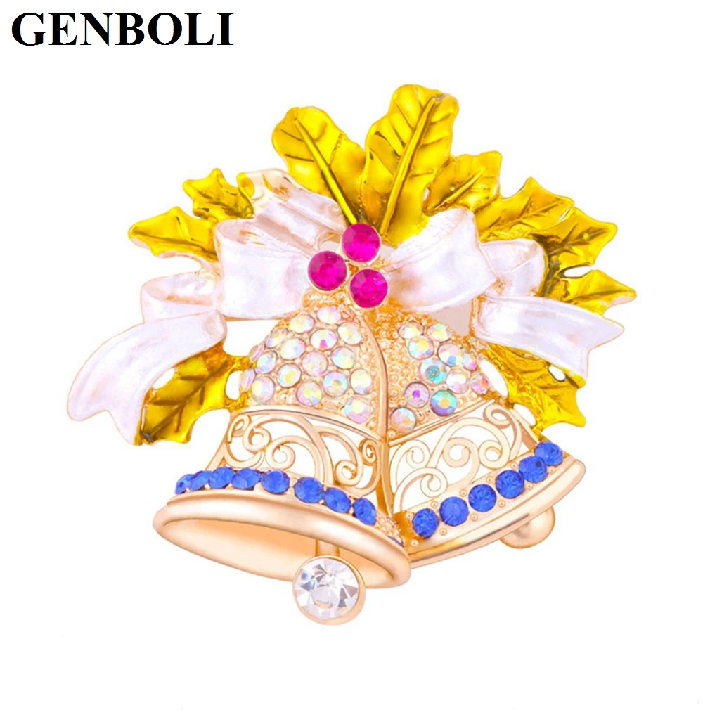 

Christmas Jingle Bells Brooch Crystal Rhinestone Pin Antique Gold Enamel Leaves Vintage Jewelry Garment Accessory DIY Jewelry