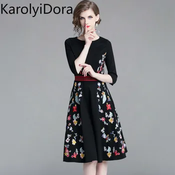 

New Europe 2020 Spring Casual Black Embroidered Dress Elegant V-Neck Runway Vintage Female Slim Party Dresses