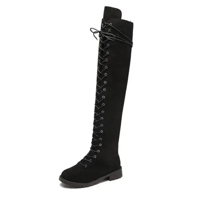STAN SHARK New Style Women Boots For Autumn Winter Flock Over Knee High Boots Lace Up Fashion Cross Tied Plus Size 35-43 - Цвет: black