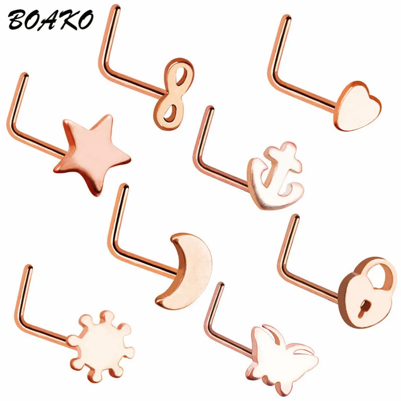 Rose gold BOAKO 8 шт. носовые кольца со штифтом Nariz серьги Nostril Пронзительный нос шпилька из нержавеющей стали Луна Звезда Сердце нос кольца украшения для тела - Окраска металла: Rose gold