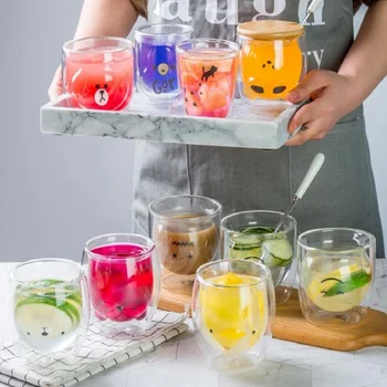 

2-layer Transparent Shiba Inu Glass Cup Creative Bear Milk Coffee Mug Heat-resistant High Capacity Water Glass Kitchen Drinkware