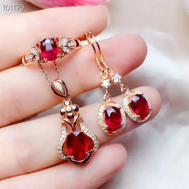suit KJJEAXCMY boutique jewelry 925 sterling silver inlaid Natural ruby Ring Necklace Earring Suit Support Detection trendy - Цвет камня: suit
