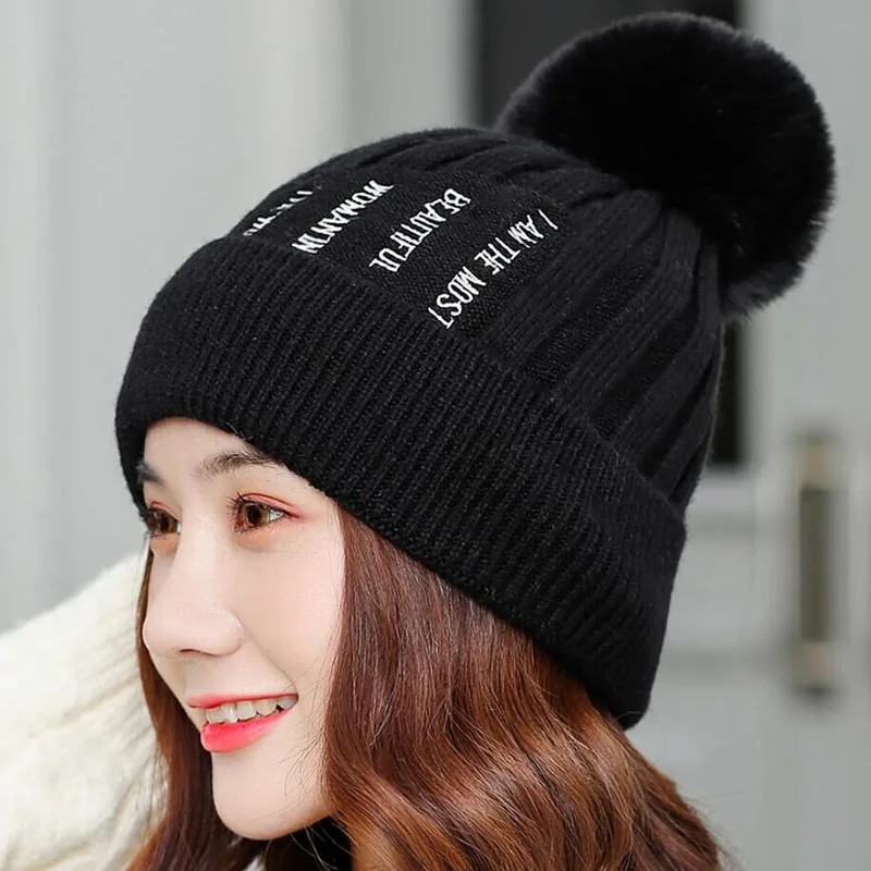 Skullies Beanies зимняя женская шапка вязаная теплая шапка с помпоном Модная брендовая теплая вязаная шапка плюс бархат