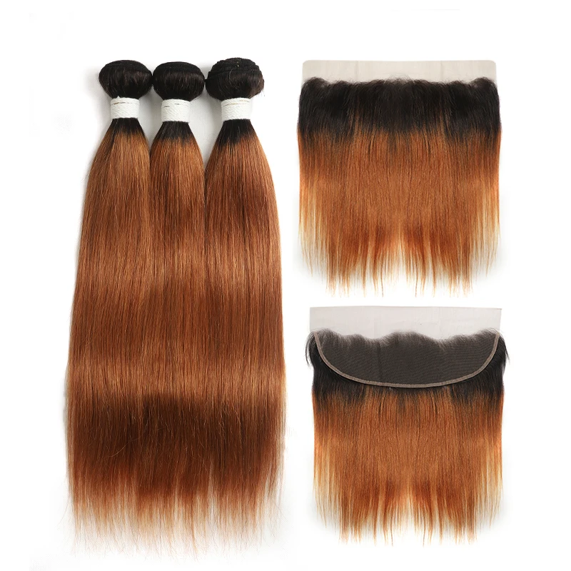T1B/30 Ombre Brown Bundles With Frontal 13x4 SOKU Brazilian Straight 3 Bundles With Closure Non-Remy Human Hair Extension - Цвет: T1B-30