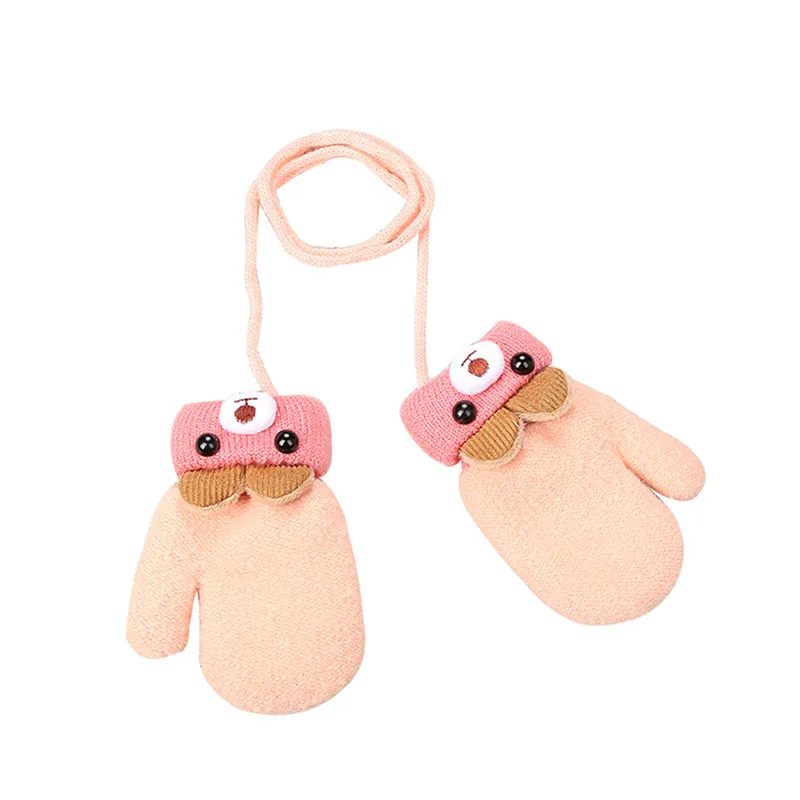 Light pink Одежда для новорожденных, модные с милым мультипликационным принтом для маленьких мальчиков и девочек зимние теплые перчатки шерсть варежки толстой вязки полный веревка Рукавицы Перчатки От 0 до 3 лет - Цвет: Light pink