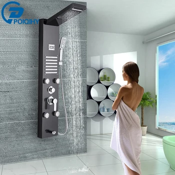 

Black Shower Panel Stainless Steel Wall Mount Shower Column Tower Rain Waterfall Shower System 5 Functions Hot Cold Water Mixer