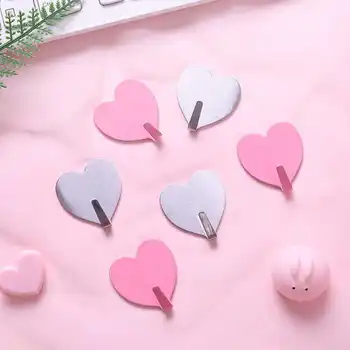 

2020 New Stainless Steel Cute Heart-Shaped Hook Traceless Strong Adhesive Wall Hook Door Key Hat Robe Hooks Home Decor