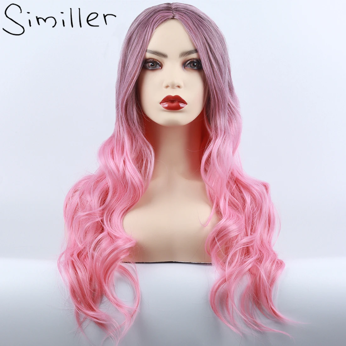 

Similler Long Wavy Synthetic Wigs for Women Dark Root Heat Resistance Fiber Highlights Pink Ombre Cosplay Wig Central Part