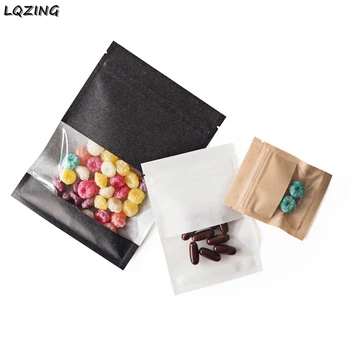 

100Pcs Small Gift Bag Sweet Zip Packaging Candy Bags Transparent Window Christmas Wedding Gift Package Pouches White/Black/Brown
