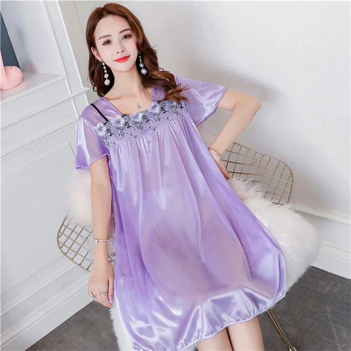 Летнее сексуальное атласное Ночное платье для женщин, большой размер M-4XL, шелковая ночная рубашка, женское кружевное белье, ночная рубашка, A836