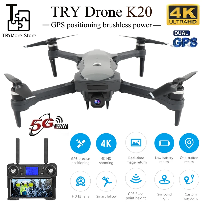 Presente do Menino K20 com Motor sem Escova Novo Drone k hd Câmera Dupla Profissional Dobrável Quadcopter 1800 m rc Distância Brinquedo 5g Gps 4