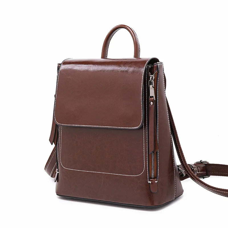 Высокое качество масло воск ретро кожаный маленький рюкзак для женщин Винтаж трансформер Дорожная сумка на плечо леди крышка длинная молния сзади пакет - Цвет: Dark Brown