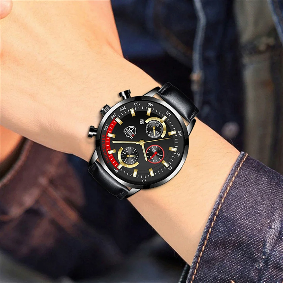 Luxury Mens Leather Watches Stainless Steel Fashion Calendar Quartz Wrist Watch Leather Bracelet Male Business Luminous Clock
