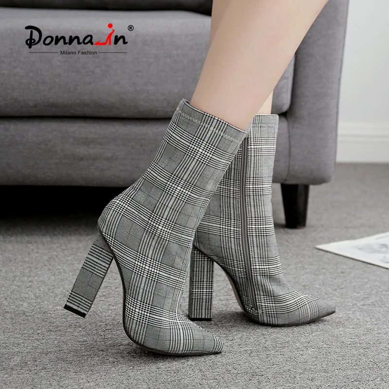 

Donna-in Sexy Grid Pattern High Heels Women Boots 2020 New Fashion Winter Stiletto Warm Boot Cool Fall Large Size Women's Shoes