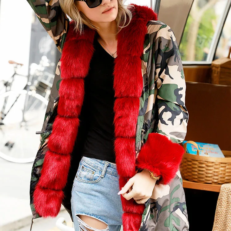 Зимняя женская куртка теплая Свободная Женская зимняя одежда длинное пальто с капюшоном камуфляжные парки женские зимние пальто - Цвет: Camouflage red