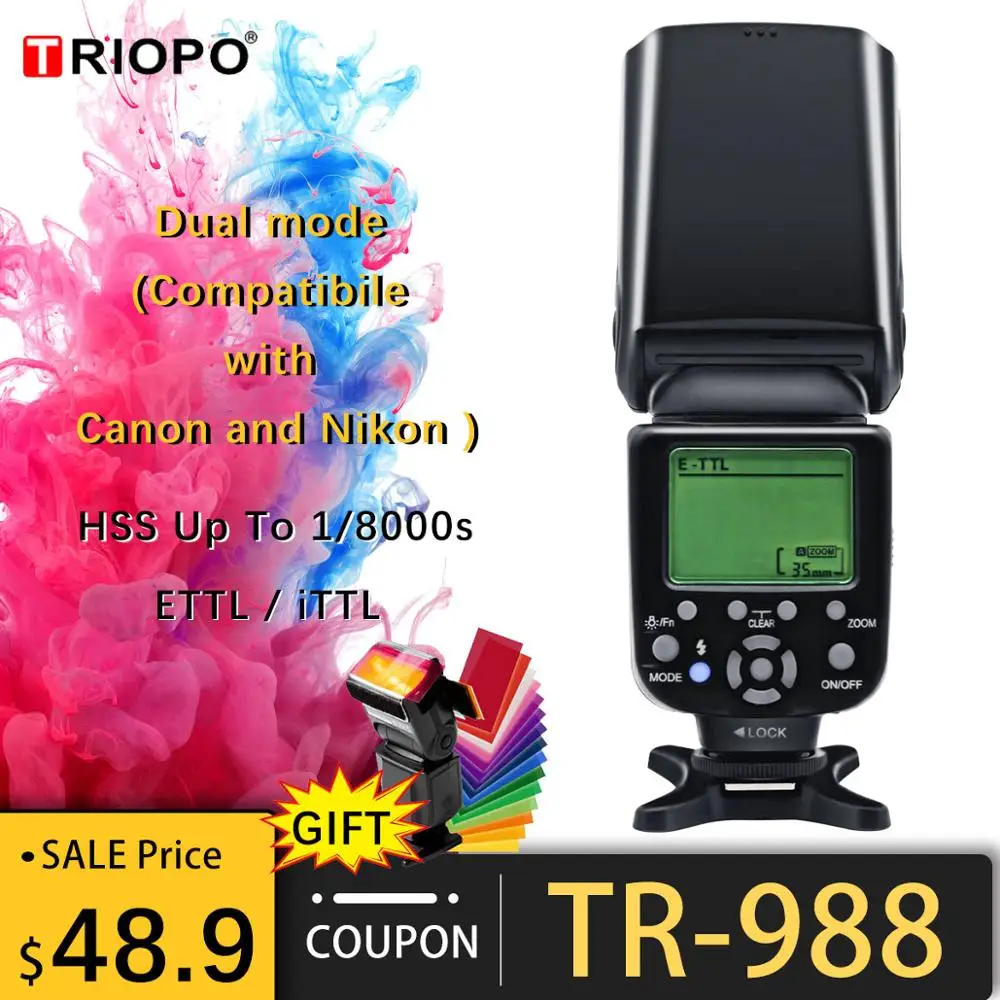 Najtaniej TRIOPO TR 988 lampa błyskowa profesjonalna lampa błyskowa Speedlite TTL z szybką synchronizacją do aparatu Canon Nikon lustrzanka cyfrowa PK YN560IV