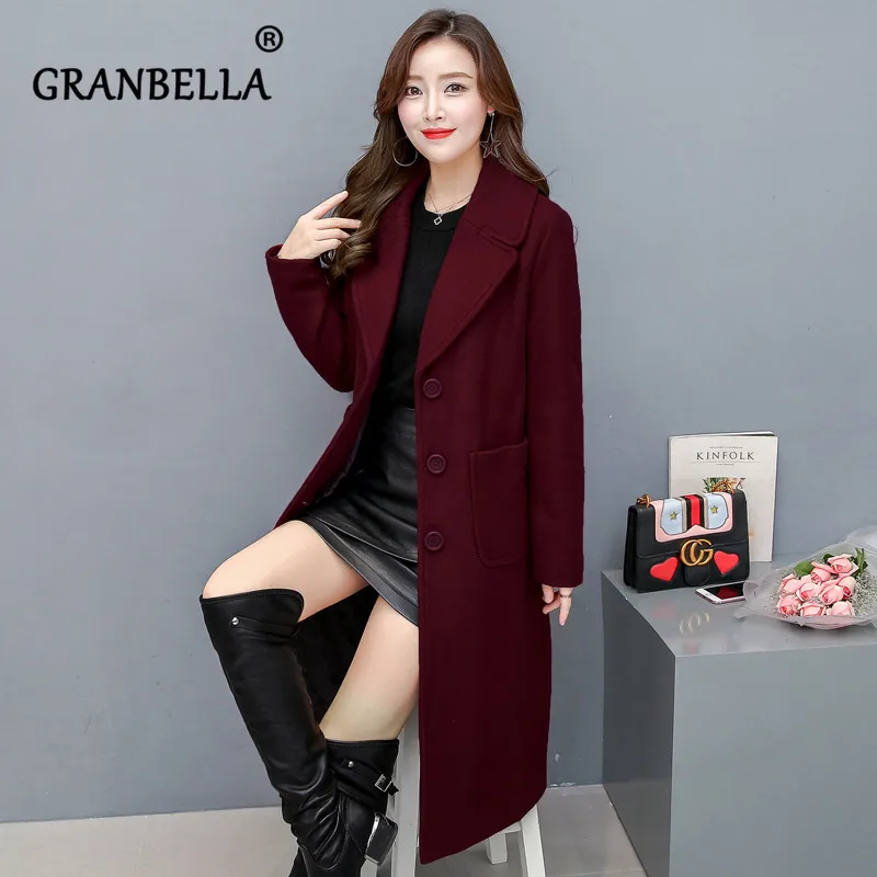 

Slim and Long Women Fashion Woolen Coat Overcoat Big Pockets Turn-down Collar Solid Color Female Single Breasted Outerwear