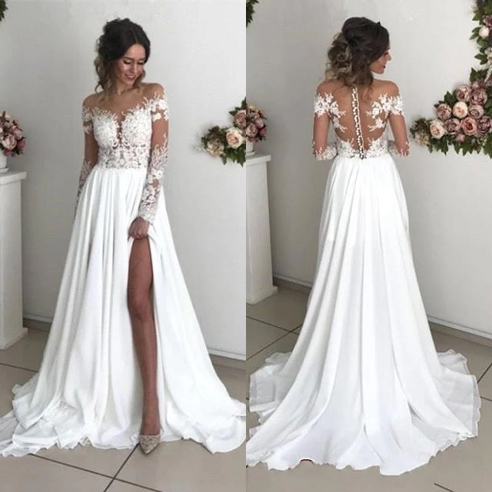 Robe De Mariage, длинные рукава, кружевные свадебные платья, элегантные, круглый вырез, прозрачная спина, Пляжное шифоновое свадебное платье невесты