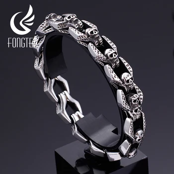 

Fongten Skull Charm Bracelet Blacken Metal Stainless Steel Wrist Band Gothic Bracelets Men Jewelry Best Friends Gift