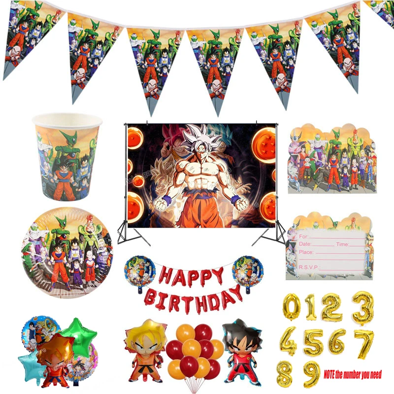 Dragon Ball Party Tableware Kid Baby Theme Birthday Decoration Supplies Anime Goku Vinyl Photography Backround Cloth Decor Set | Дом и сад