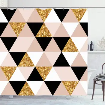 

Shower Curtain Set with Hooks 66x72 Inches Christmas Abstract Modern Triangular Pink Geometric Pattern Design Foil Black Vintage