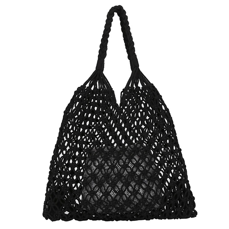 

LJL-Fashion Popular Beach Bag Women Handmade Woven Composite Bag New Mesh Rope Weaving Hollow Straw Bag Shopping Bag 2 Sets