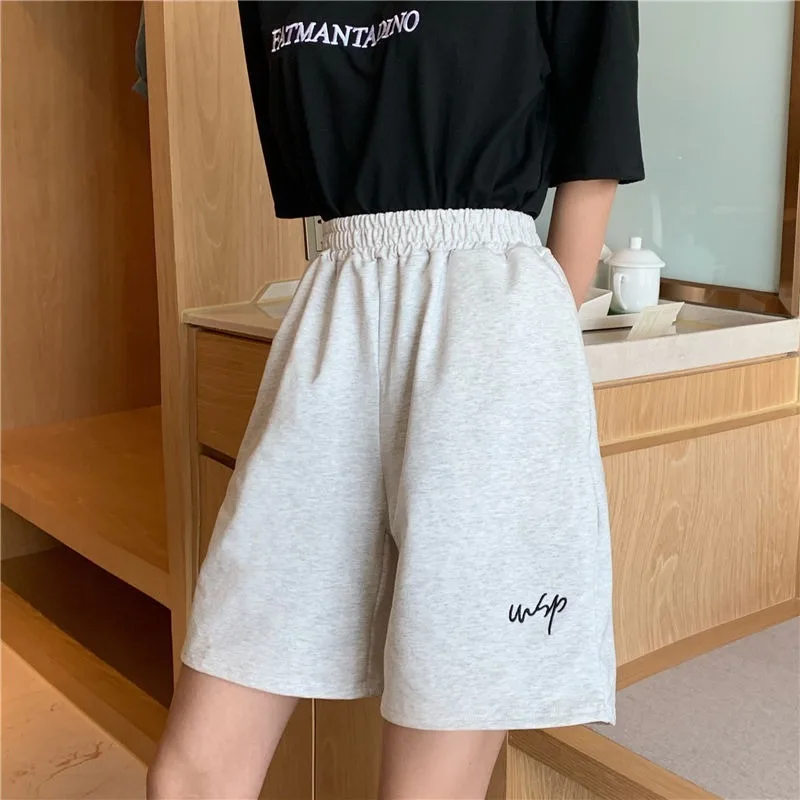 Shorts Women Summer Loose 3XL Solid Embroidery BF Wide leg Knee length Harajuku Casual Simple Ins Trendy All match Students Chic