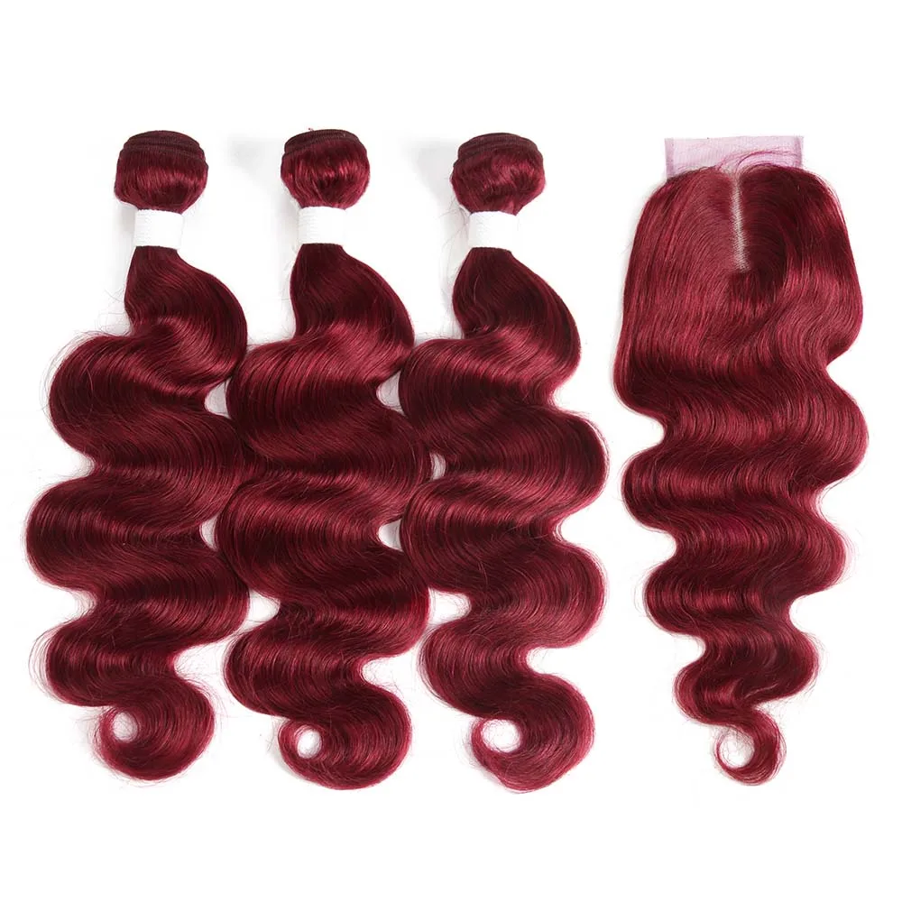 99J/темно-Красного цвета волосы волнистые человеческие волосы пряди с закрытием Кеми 3 pcs бразильские волосы переплетения пряди с Си - Color: BURG