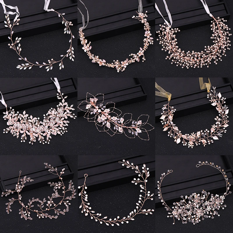 Rose Gold Color Headbands for Bride Wedding Hair Accessories Cystal Pearl Hairband Women Hair Vines Jewelry Handmade Headpiece jewelry accessories hair accessory hair headdress bridal headwear
