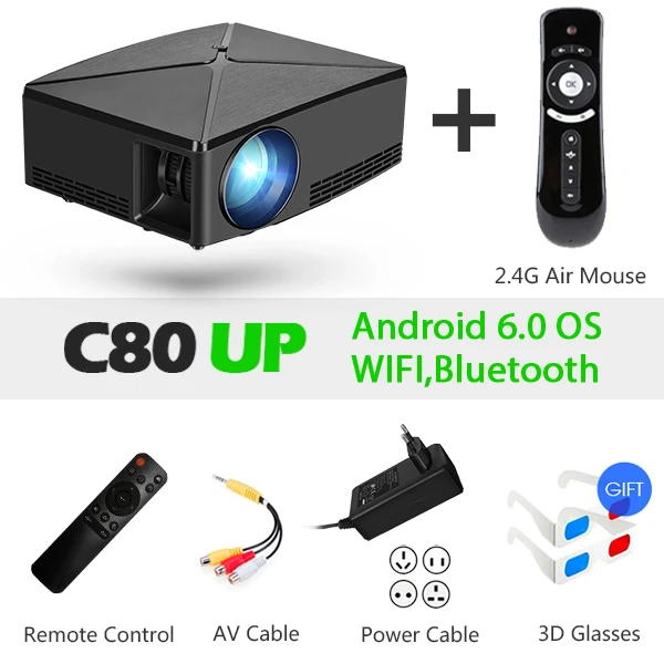 AUN Мини проектор C80UP, 1280x720 P, Android 6,0 wifi проектор, портативный светодиодный проектор для 4K видео 3D домашнего кинотеатра, опционально C80 - Цвет: C80UP-FS