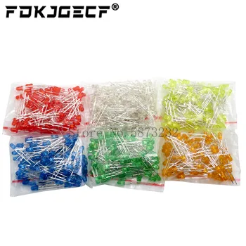 

600pcs(6 colors x 100pcs) White Red Green Blue Yellow Orange 3mm 20mA Diffused Light-Emitting Diode LED 3V Lamp Assorted Kit Set
