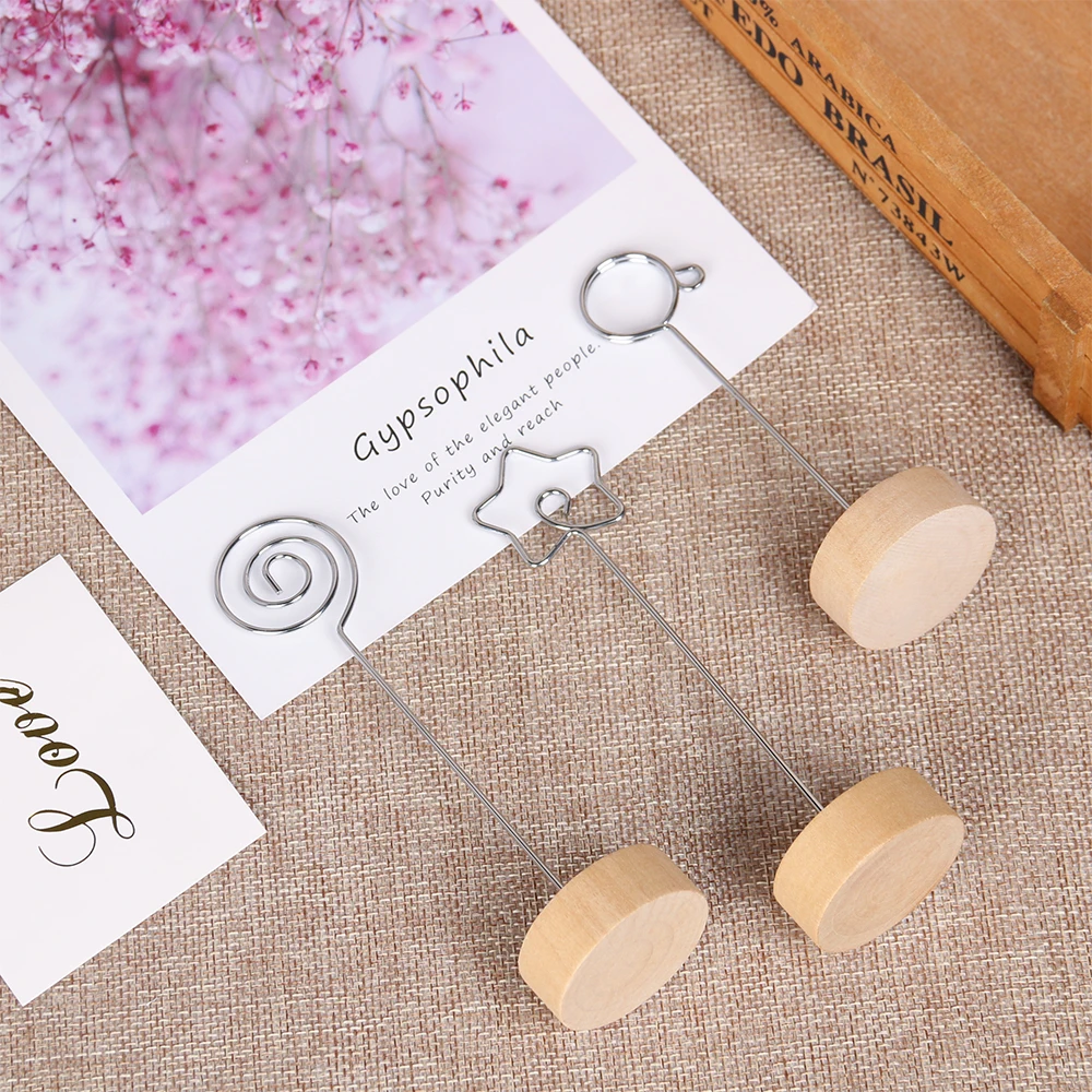 Wooden Base Photo Clip Picture Frame Iron Card Holder Home Desktop Ornament Message Folders Round Frame Decor Tools