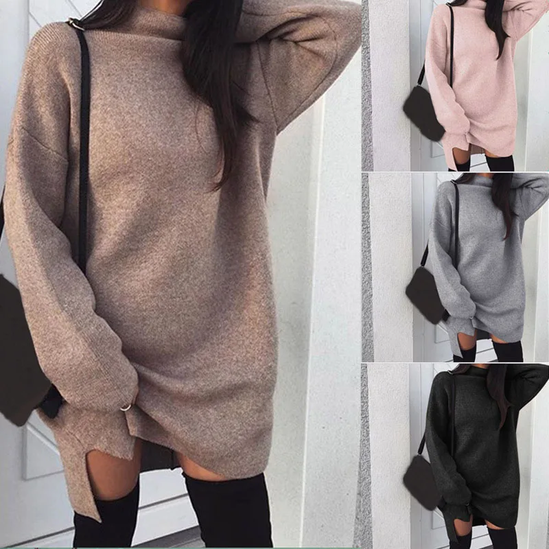 

Autumn Winter Women Dress Pullovers Bodycon Knitted Turtleneck Solid Mini Dresses Long Sleeve Casual Femme Vestido