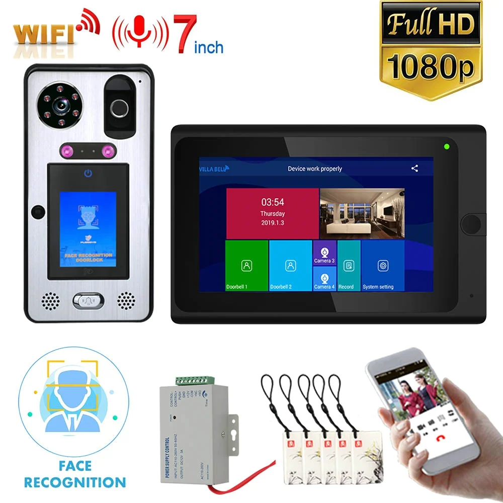 7\ Touch Screen Wifi Video Door Phone Doorbell Intercom System Wireless Face Recognition Fingerprint IC with Wired 1080P Camera