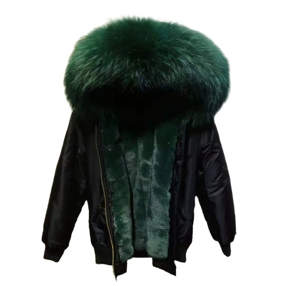 

Black Bomber Fur Parka With Dark Green Faux Fur Lined Short Filght Mini Jacket Women Beautiful Lady In Winter Raccoon Fur Collar