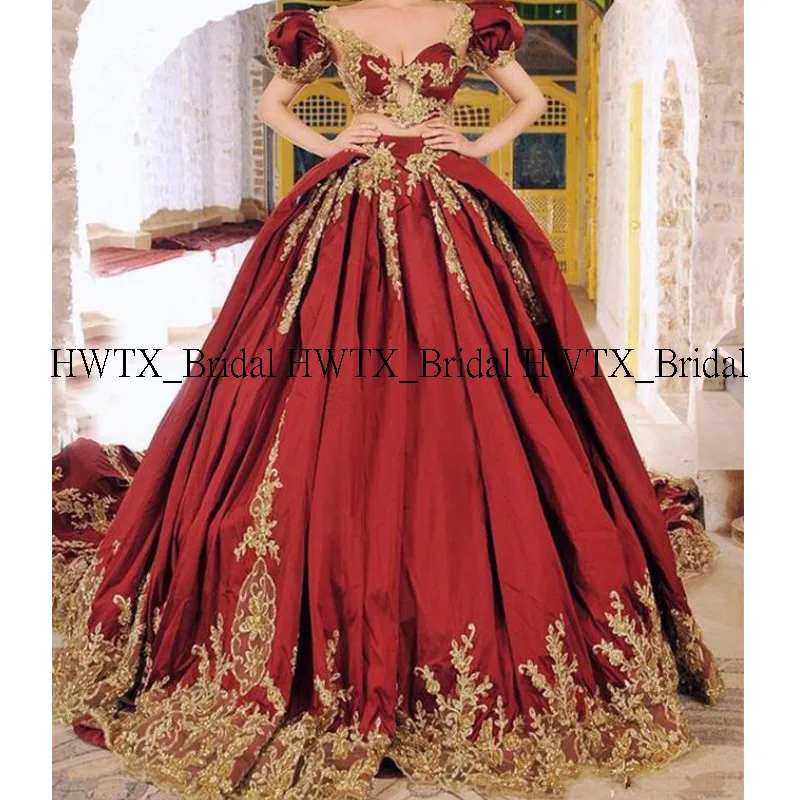 HWTX_Bridal, новинка года, пышное платье принцессы со шлейфом, Золотое кружевное платье с аппликацией, бальное платье из двух частей, милое вечернее платье для выпускного вечера 16 лет