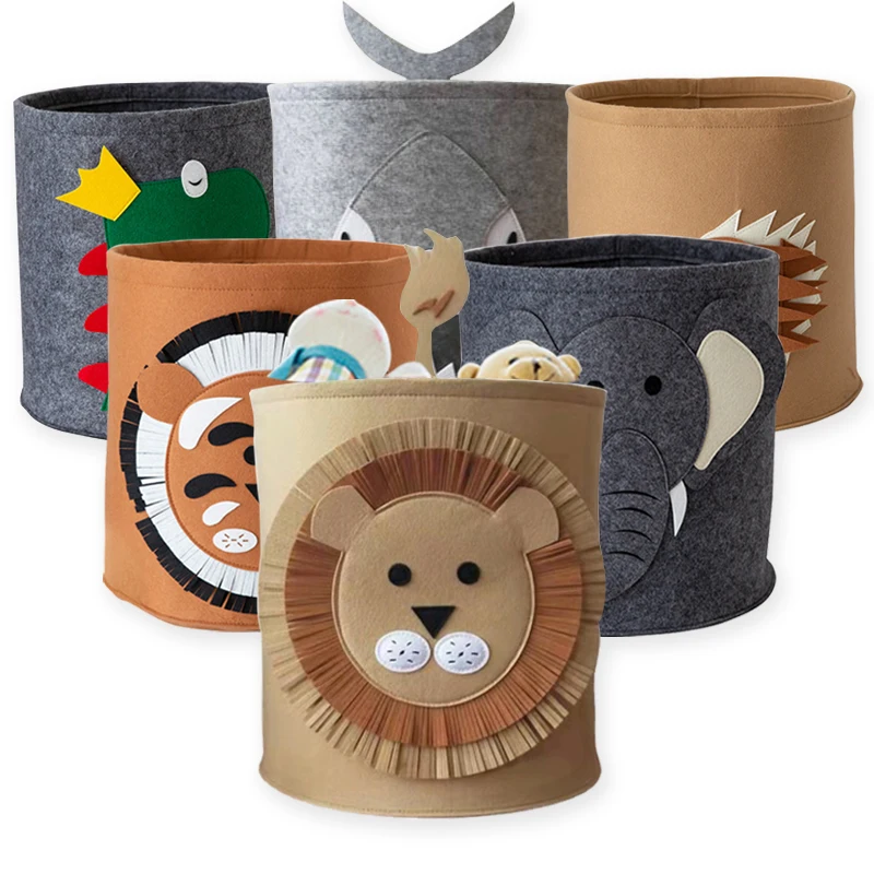 Cartoon Animal Felt Storage Bucket Dirty Clothes Toy Round Lion Shark Elephant Pattern | Дом и сад