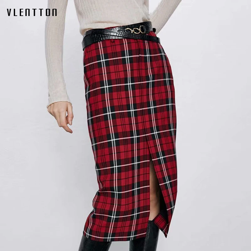 

2020 Spring Autumn Vintage Red Plaid Midi Skirt Women Sexy Split High Waist Office Ladies Straight Skirts Saia Faldas Mujer Moda
