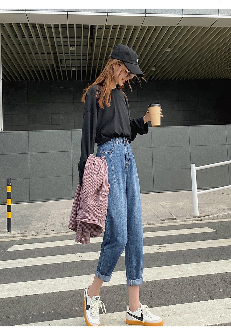 syiwidii high waist jeans woman 2020 new casual fashion skyblue Harem Pants street style women street style Spliced mom jeans
