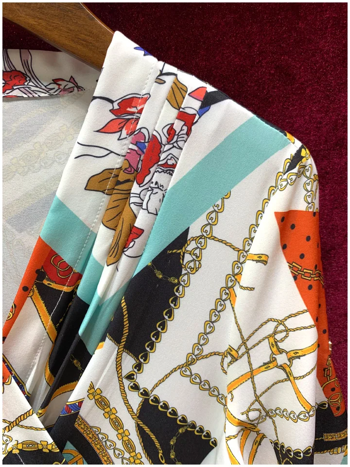 Vintage Style Women Long Dress V Neck Printed Ankle Length Big Swing Dress High Waist Fashion Sashes Clothes Feminina