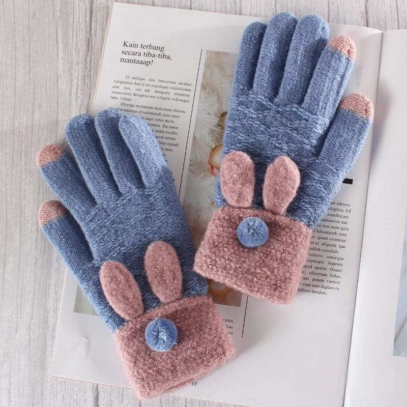 Женские зимние перчатки с сенсорным экраном теплые эластичные вязаные рукавицы с кроличьими ушками Guantes женские вязаные перчатки