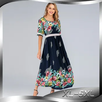 

New Large Size Women's Fashion Elastic Waist Sleeves Dark Blue Printed A-line Dress