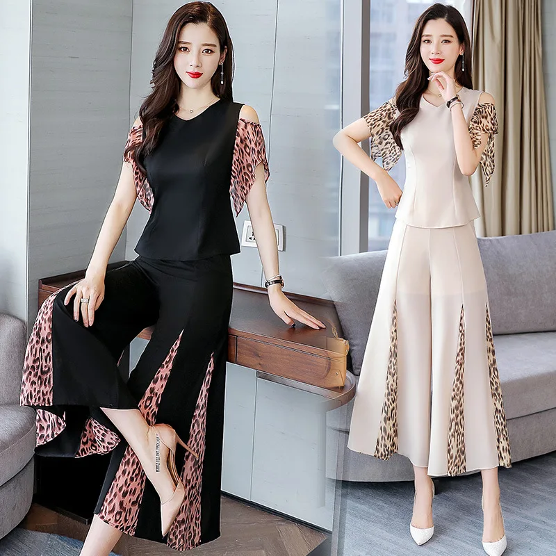 

Joint Leopord Pattern WOMEN'S Suit 2019 Summer New Style Korean-style Slim Fit Printed Shirt Wide-Leg Trousers Two-Piece Set