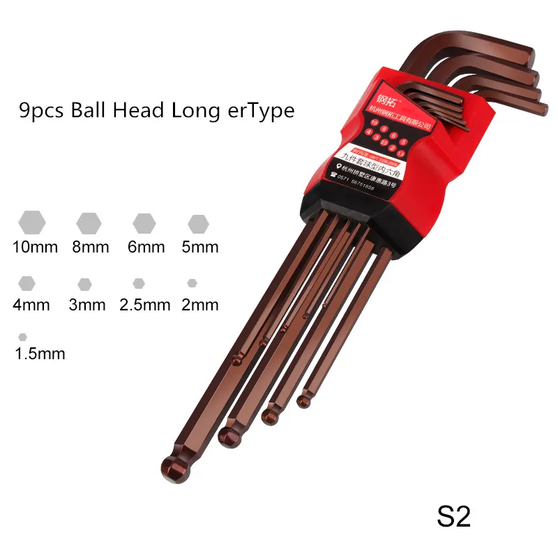 Ball Head Longer S2 Прочный 9 шт. CR-V шестигранник Аллен ключ гаечный ключ набор инструментов матовый хром Pozidriv шаровой ключ Набор отверток Набор ремонтных инструментов - Цвет: Ball Head Longer S2