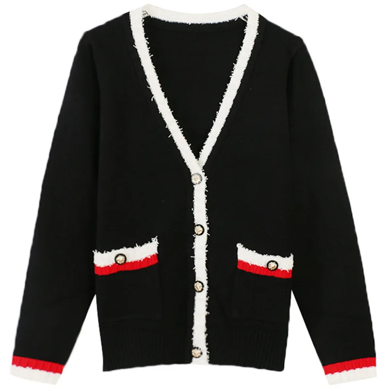 black SuperAen Europe Women Sweater Coat Autumn and Winter New Wild Ladies Sweaters Stripes Pockets Long-sleeved Women Knit Tops - Цвет: black