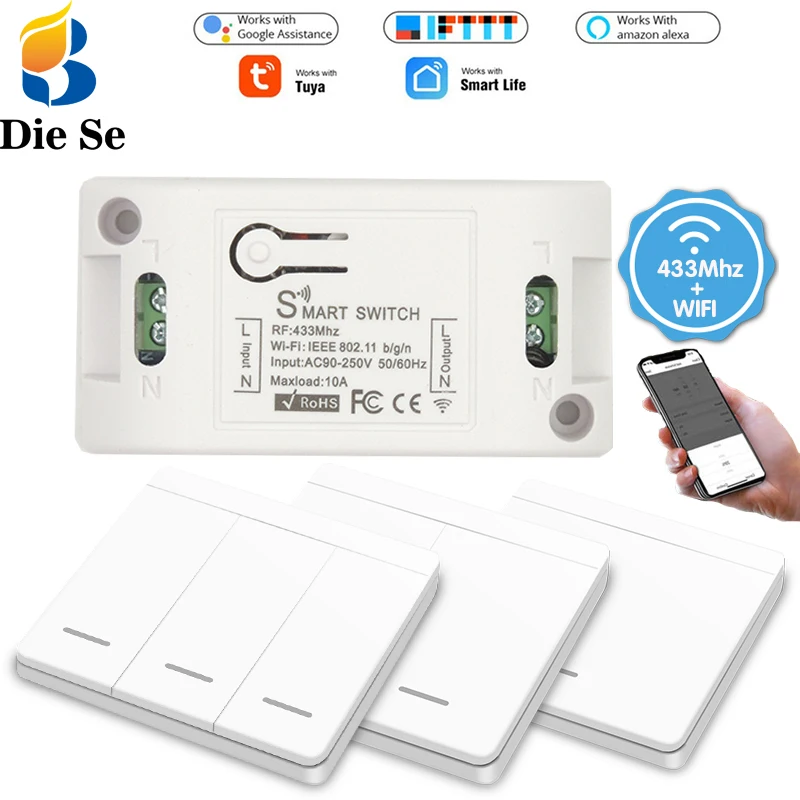 

Tuya Switch Smart Light Switch Remote Push Button Switch RF 433Mhz Wireless Relay receiver AC110V 220V,Work with Amazon Alexa
