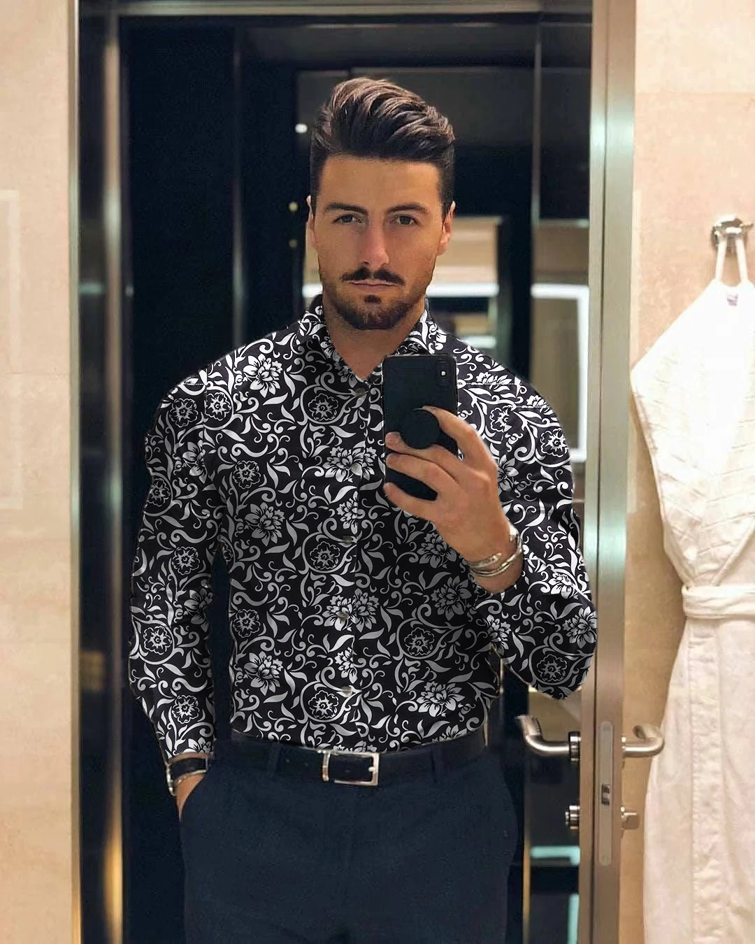 2021Camisas florales de manga larga de Otoño para hombres camisas estampadas con flores de corte delgado para hombres camisola