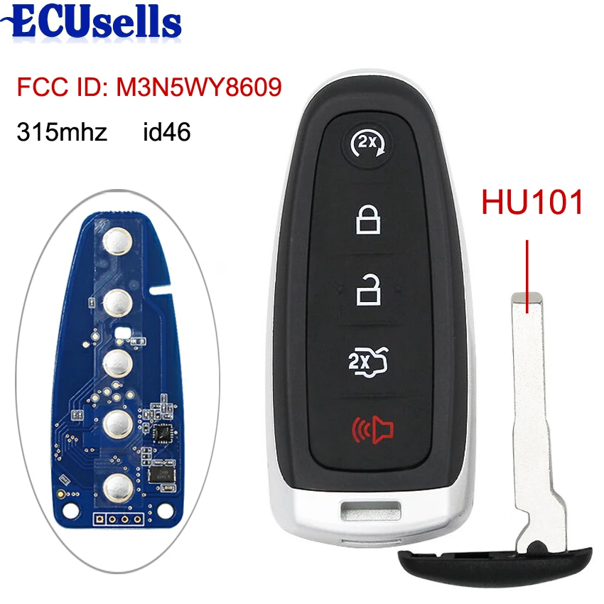 Smart Remote Start Smart Prox Key Fob Transmitter for Ford 5 Button 315MHz ID46 Chip FCC: M3N5WY8609 HU101 Small Key