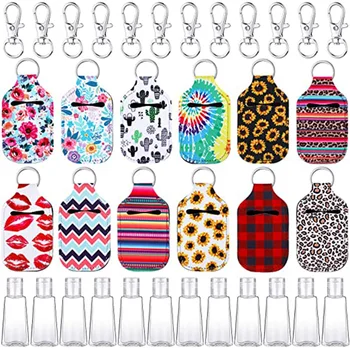 

12sets Empty Travel Size Bottle and Keychain Holder Set 30 ml Flip Cap Reusable Bottles and Keychain Carriers for Soap Liquids